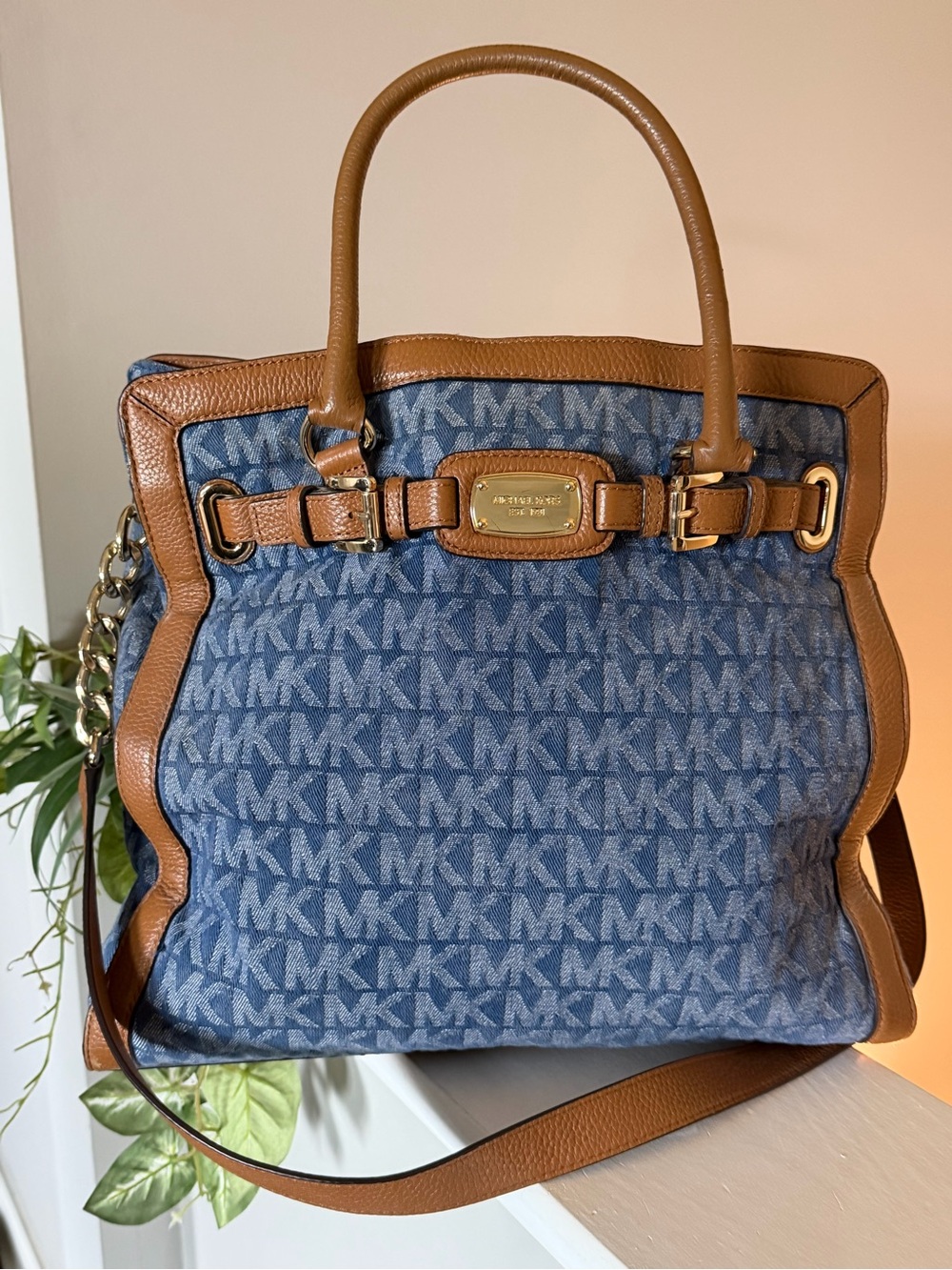 Michael Kors Blue Denim MK Logo Tote with Brown Leather Trim